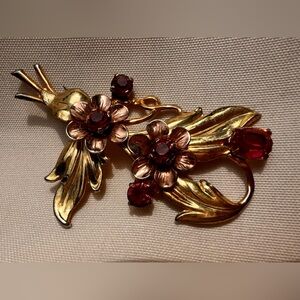 1930s Art Deco Gold Vermeil  Brooch Sterling Silver Flower pink Rhinestone pin
